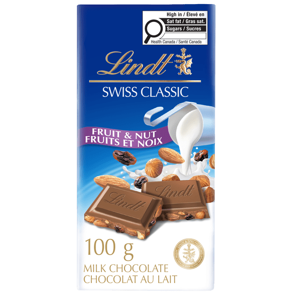 Lindt SWISS CLASSIC Fruit & Nut Milk Chocolate Bar, 100 Grams