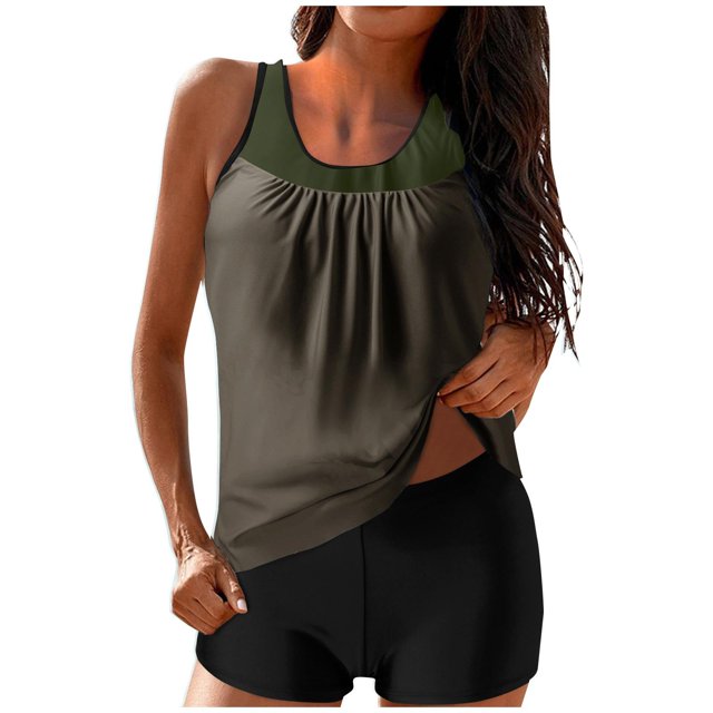 RKSTN Tankini Swimsuits for Women Summer Fashion Solid ColorConservative Two Piece Set Bathing Suits with Boyshorts Loose Plus Size Round Neck Sleeveless Pleated Swimsuits