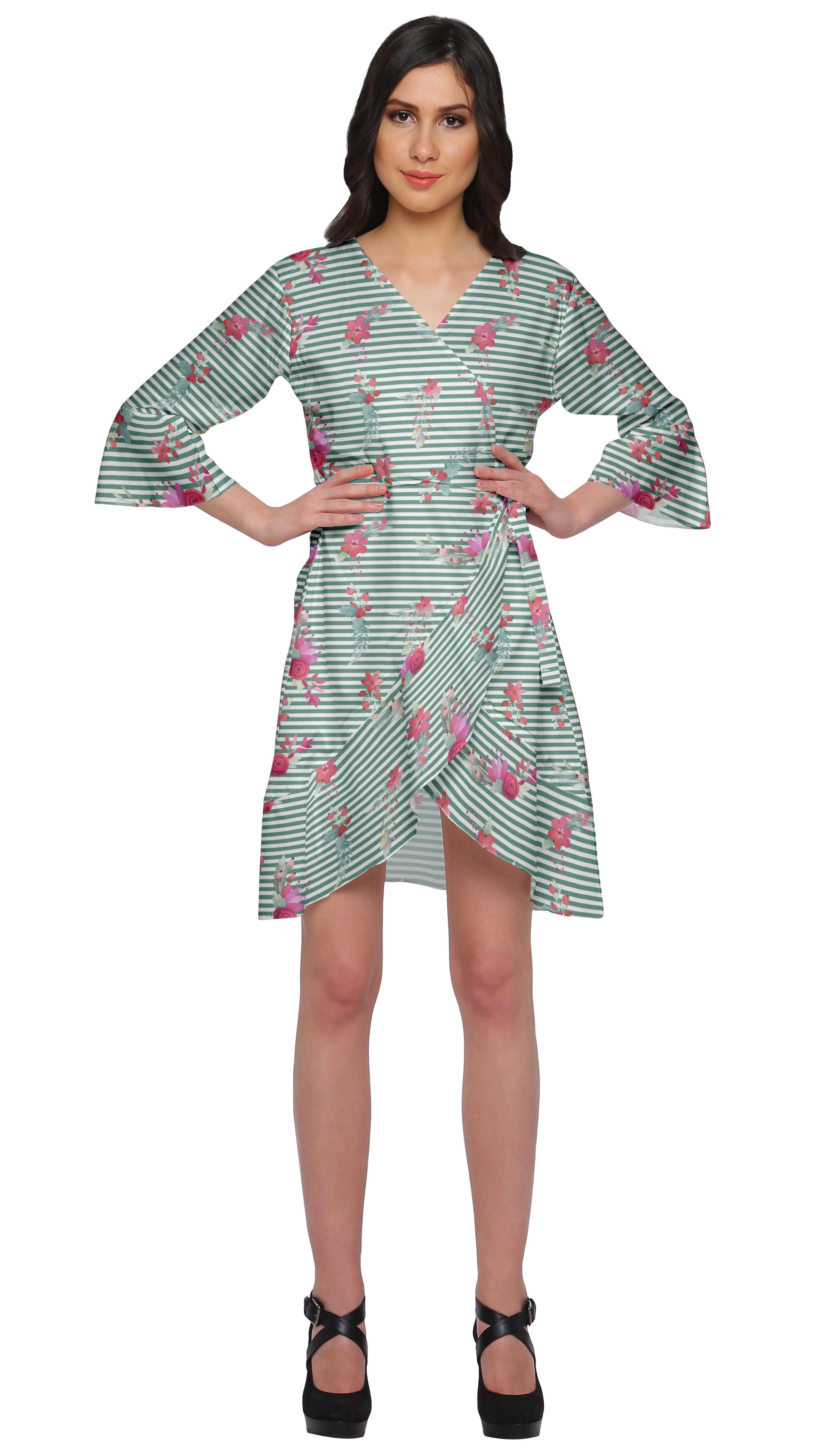 Moomaya Printed Short Ruffle Style Crossover Robe Bridesmaid Getting Ready Shirt