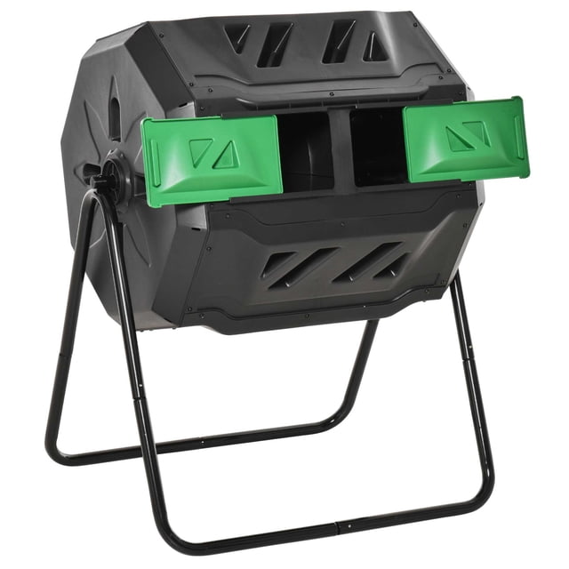 Outsunny Composteur Extérieur à Double Chambre Rotatif à 360° Vert, Conçu avec Deux Chambres pour un Compostage Efficace. Doté d'Un Mécanisme de tumbling à 360° pour un Fonctionnement Mains Libres, d'Un Système de ventilation pour un Compostage Plus Rapide et de Portes Coulissantes pour un Accès Facile. Fabriqué en Acier durable et en Plastique PP, Il Mesure 28 Pouces de long, 25,6 Pouces de Large et 37,8 Pouces de Haut, avec une Capacité de 42,3 gallons (160 L).