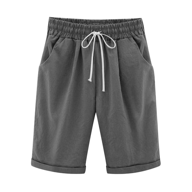Pisexur Womens Shorts Solid Color Linen Shorts Adjustable Drawstring Elastic Waist Short Pants Summer Casual Knee Length Shorts Fashion Loose Oversized Bermuda Shorts with Pockets,S-5XL