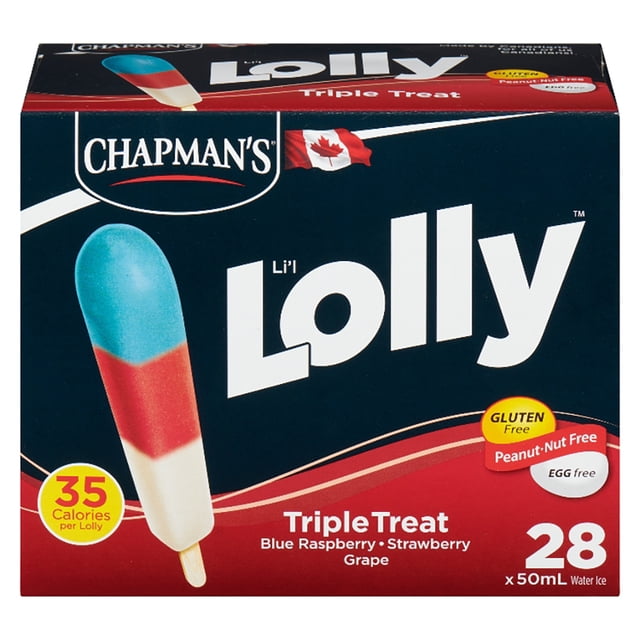 Chapman's Low Calorie Triple Treat Li'l Lolly box displaying a multicolour ice pop with blue raspberry, strawberry, and white grape flavours on a single stick, containing 28 frozen 50 mL ice pops, gluten free, peanut and egg free, with 35 calories per lolly, suitable as a refreshing low-calorie frozen treat.