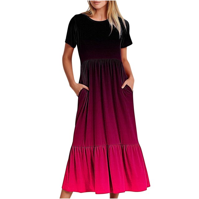 Penkiiy Robe à Manches Courtes pour Femmes à Imprimé Dégradé, Ample, Unie, Décontractée, d'Été, Fluide, à Étages, Longue Maxi avec Poches 2TG Rose Vif