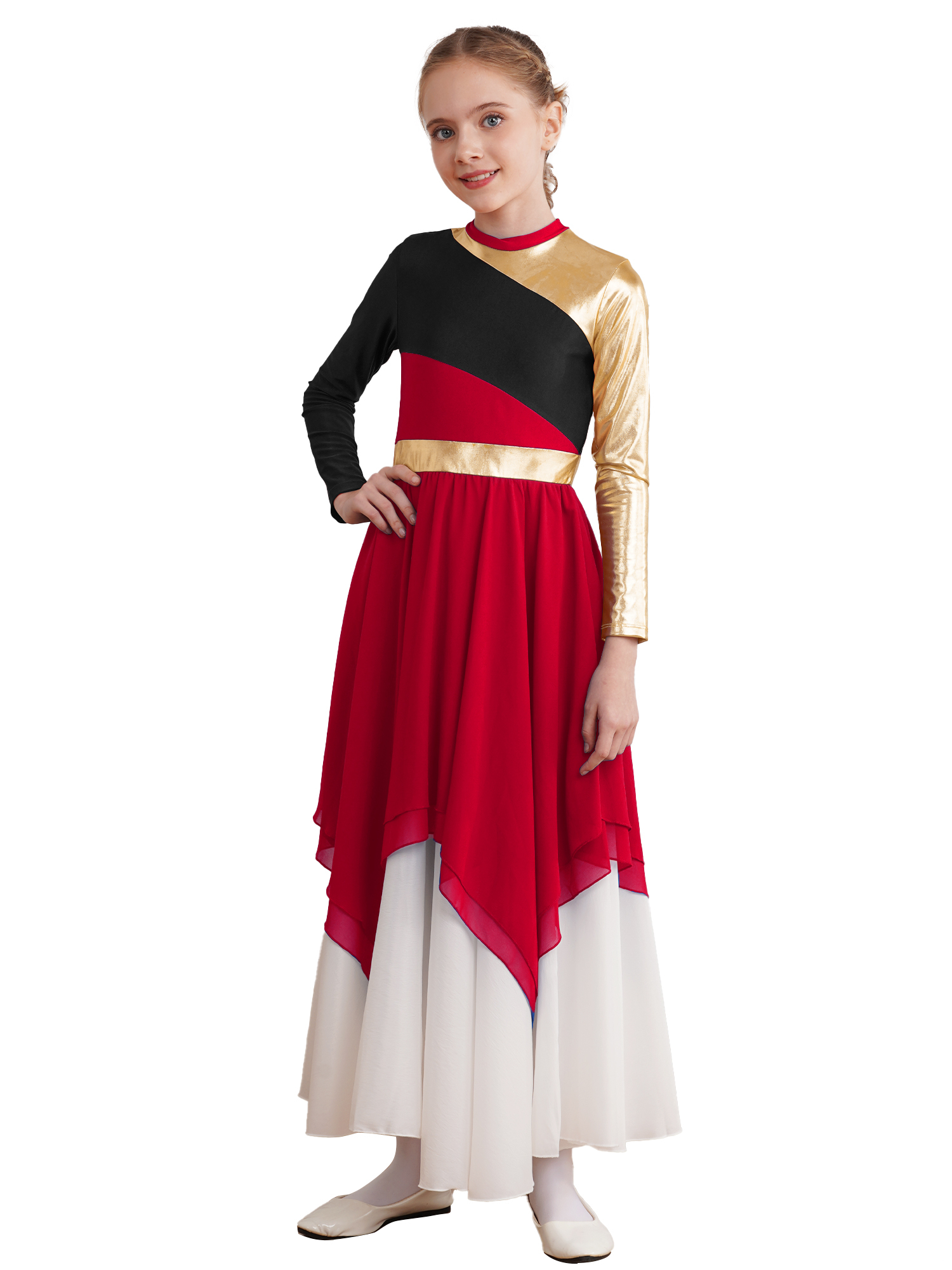 Yeahdor Robe de Danse pour Filles Enfants, Manches Longues Métalliques, Robe de Prière, Costume de Danse Bourgogne 12