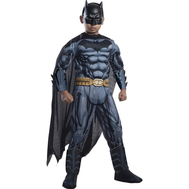 DC Comics Deluxe Muscle Batman Boy's Costume featuring a pull-on jumpsuit with printed muscle chest and torso in dark grey and black, attached 3D gauntlets and boot tops, yellow utility belt, black cape, and black Batman mask with pointed ears, shown front-facing on a white background.