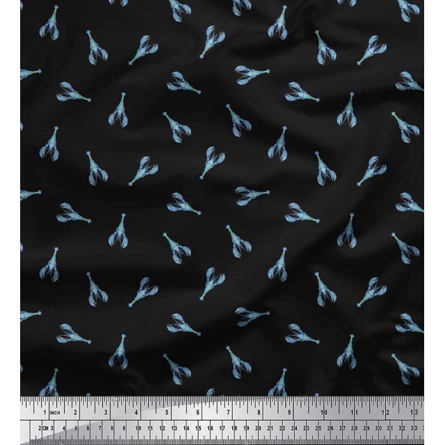 Soimoi Black Poly Georgette Fabric Sea Prawns Ocean Print Sewing Fabric Yard 52 Inch Wide