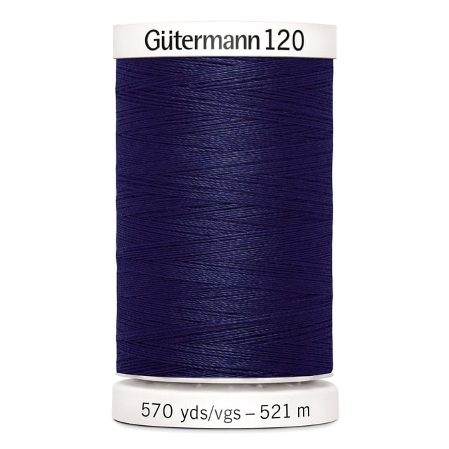Gutermann 120 100% polyester all purpose thread spool in dark blue with white plastic ends labeled with brand and length 570 yards (521 meters), suitable for machine and hand sewing on cotton, synthetics, and wool fabrics, also ideal for craft projects and mending clothing or outdoor items.