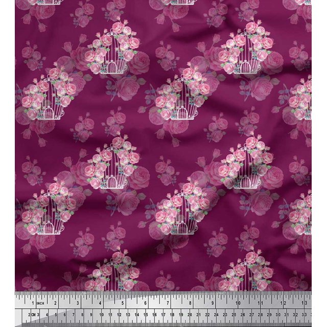 Soimoi Pink Rayon Fabric Cage & Roses Floral Print Fabric by Yard 56 Inch Wide