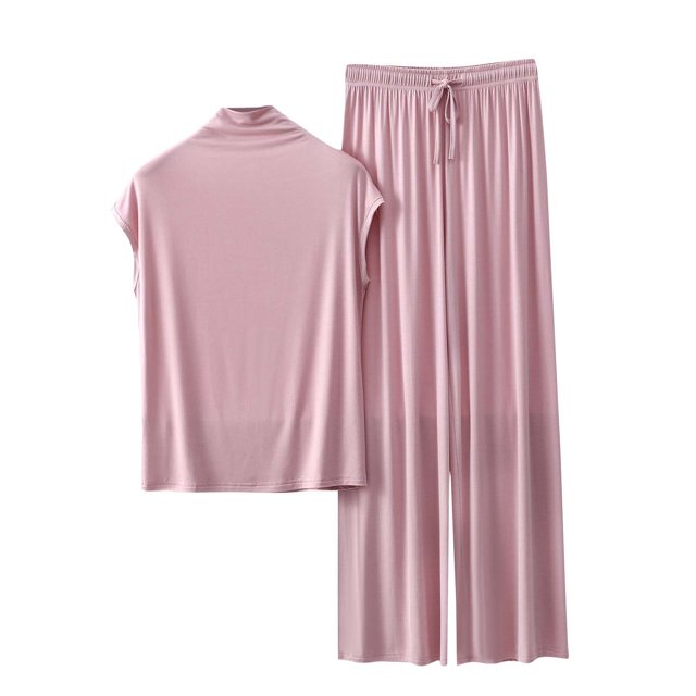 Timegard Ensembles de Pyjamas pour Femmes 2 Pcs Col Montant Mi-Haut T-Shirt à Manches Courtes Pantalon à Jambe Grand Tenues Vêtements de Détente