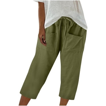 biudgviw Womens Capri Pants High Waisted Lightweight Travel Vacaion Cotton Linen Pants Casual Cropped Pants with Pockets Capris Bottoms