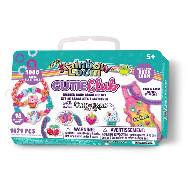 Rainbow Loom Cutie Club Trousse Combo avec Auto Loom, Comprenant 1000 Élastiques, 18 Pinces à Breloques Cute-tique, 50 Perles Entretoises et un Étui Organisateur, Conçue pour les Enfants de 5 Ans et Plus pour Créer Facilement une Chaîne Simple et des bracelets en Élastique style Queue de Poisson.