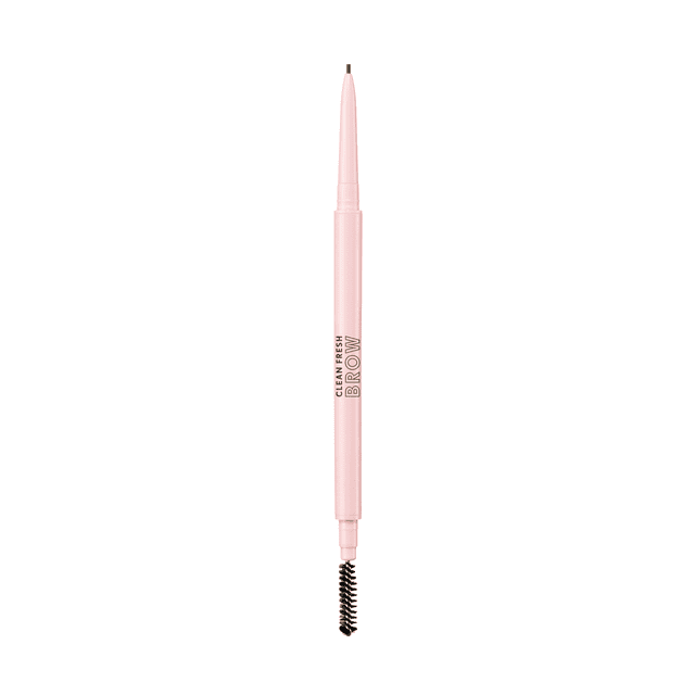 Clean Fresh Brow Nano Eyebrow Pencil with 1mm ultra-precise tip and built-in spoolie brush, light pink barrel with black bristles, waterproof and transfer-resistant formula, vegan and suitable for sensitive skin, ideal for defining and filling eyebrows.