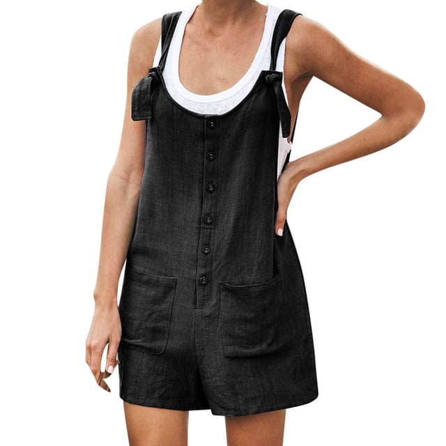 Salopettes Courtes Mignonnes pour Femmes, Combishorts d'Été Décontractés en Coton et Lin, Combishorts à Bretelles Nouées Sans Manches avec Poches