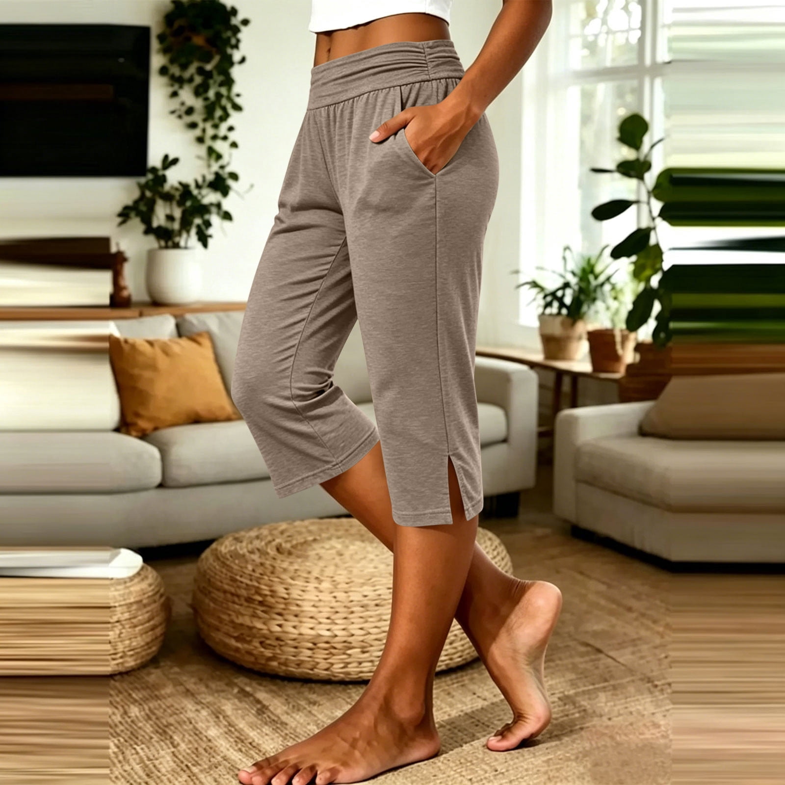 Mifsaly Cotton Capri Pants for Women High Waisted Lounge Crop