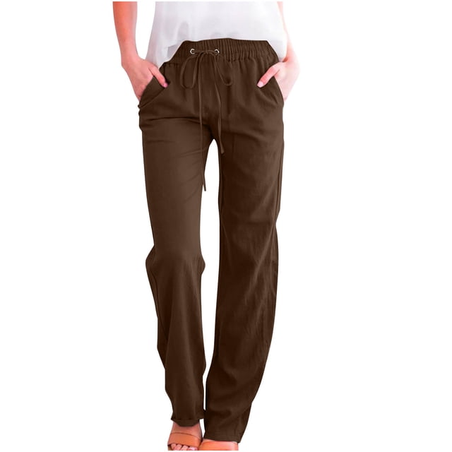 Timegard Women's Cotton Linen Pants with elastic waistband and drawstring, straight-leg design, and solid color. Made from 95% polyester and 5% spandex, these breathable and lightweight pants are perfect for casual spring and summer wear. Large size with waist 84-114cm and length 111cm.