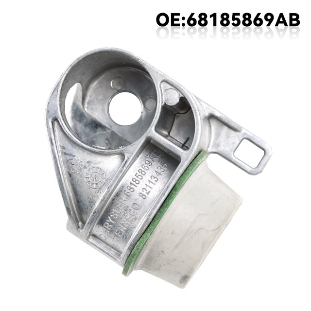 Muffler Exhaust Hanger Device 68185869AB designed for Jeep Cherokee models from 2015 to 2021. The image shows a close-up view of the hanger, featuring a durable metal construction with a silver finish and a green gasket. The part includes mounting holes and a rubberized section for secure attachment. Manufacturer part number 68185869AB is visible on the surface. Suitable for Jeep Cherokee and compatible with 2002-2010 Dodge Ram 1500, 2500, and 3500 models.
