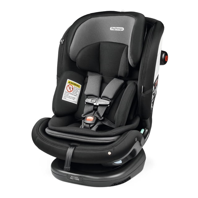 Peg Perego Primo Viaggio All-In-One Car Seat in Crystal Black, designed for children from birth to 10+ years. Features a 12-position adjustable headrest and harness, EPS and EPP layers for impact protection, and an integrated steel frame. Includes an extendable anti-rebound bar for rear-facing use, kinetic pods for side impact safety, and flame-retardant-free upholstery. Converts to a booster seat for children up to 120 lbs. Easy Tight Latch System and color-coded belt routing for simple installation.