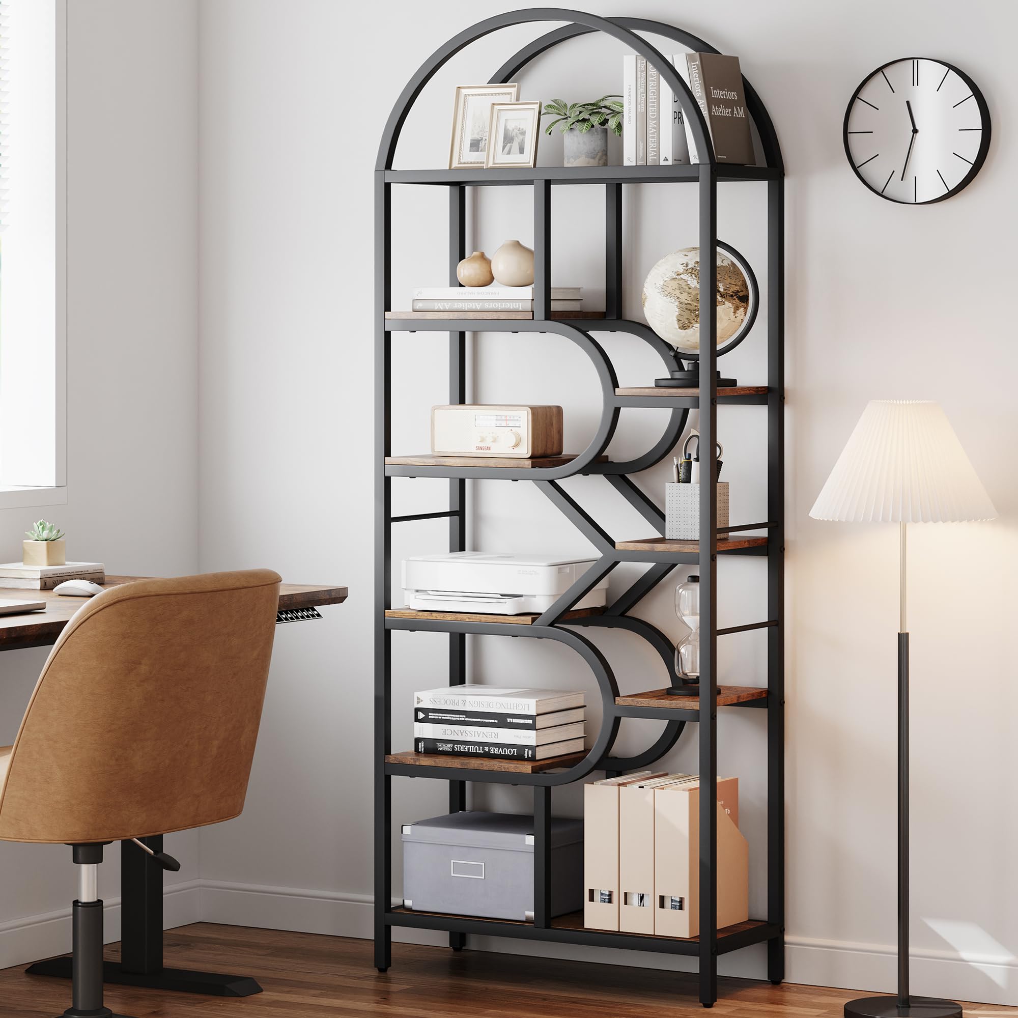 DSstyles Bookshelf 6 Tier Arched Bookcase 81.7in Tall Display Racks Geometric Open Storage Shelf Unique Book Rack Metal Frame Large Modern Book Shelf for Bedroom, Living Room, Home Office