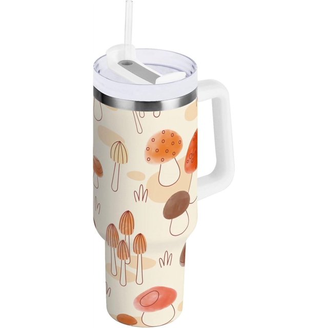 Gobelet de 30 oz avec Poignée, Couvercle et Paille, Gobelet d'Eau Isolé, Tasse d'Eau en Acier Inoxydable, Tasse Bouteille Réutilisable, Compatible avec Porte-Gobelet, Champignon Jaune