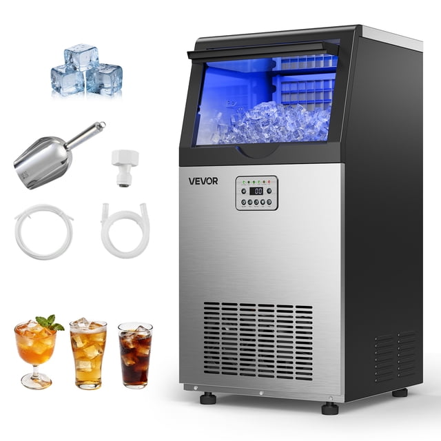 VEVOR Commercial Ice Maker Machine, 100 lbs/24h with 30 lbs Storage Capacity, Built-in/Freestanding/Under Counter, Stainless Steel Ice Maker with LED Display stainless-steel freestanding ice maker with top-flip lid and transparent window over a 30 lb bin, LED panel showing temperature and timer functions, 36-cube tray with adjustable ice thickness, inlet and drain hose connections, adjustable feet; often used for bars, cafés, restaurants and catering.