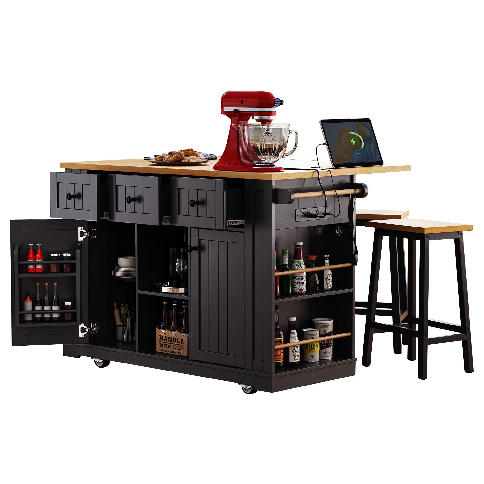 Noble House 53" Large Kitchen Island with Drop Leaf,5 Wheels 5 Open Side Racks,White