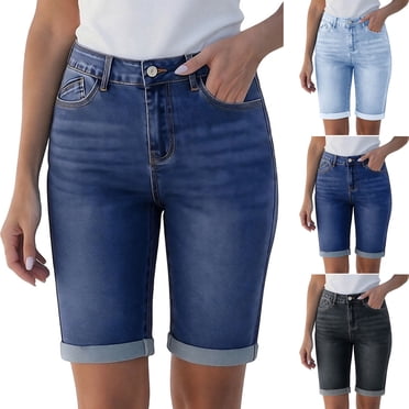 Women's Denim Shorts with Elastic Waistband Functional Side Pockets Casual and Comfortable for Summer Outings Errands or Daily Wear Versatile Jean JASKFLY Dark Blue XL