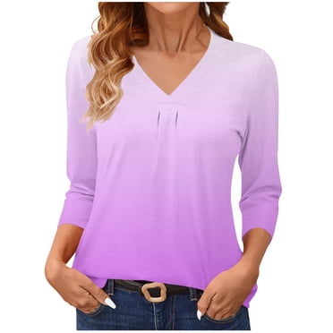 SROBPTY 3/4 Chemises à Manches pour Femmes, T-shirt de Base Dégradé Uni à la Mode pour Dames, Haut/chemise à Manches Trois-Quarts à Col en V Violet, P