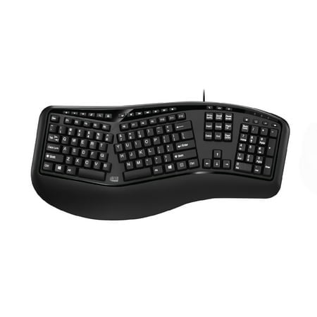 Adesso Desktop Ergonomic Keyboard in black with split ergonomic layout, integrated palm rest, large print keys, and internet and multimedia hotkeys, suitable for natural hand positioning and enhanced productivity in wired computer use.