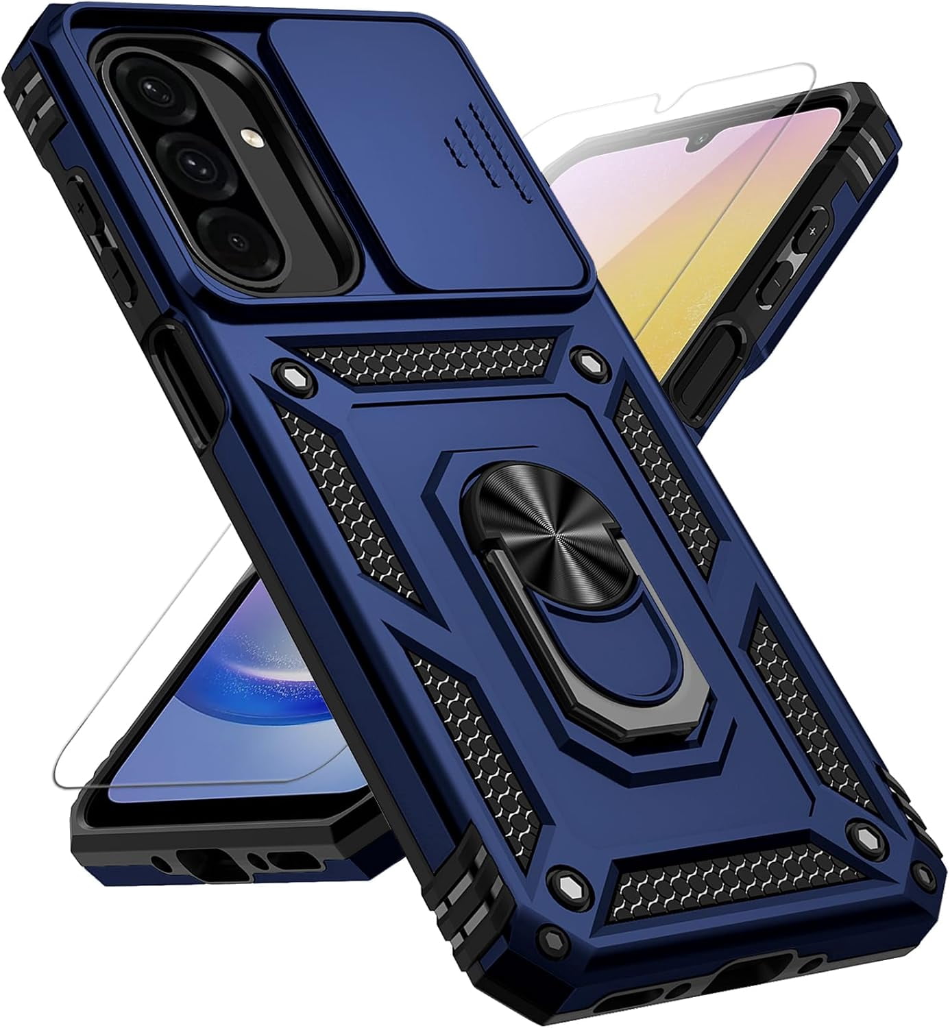 REQO for Samsung Galaxy A17 Case, with Slide Camera Cover HD Screen Protector 360° Rotable Ring Holder Kickstand Military Grade Protection 15ft Drop Tested Protective Phone Case for Galaxy A17 5G