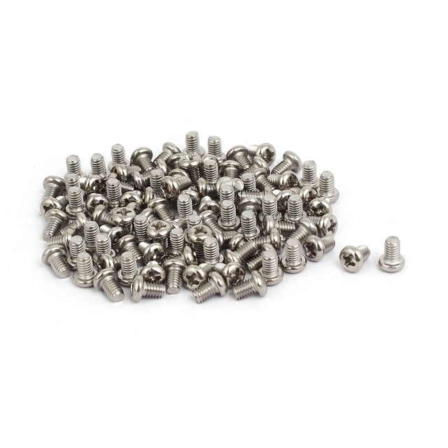 Unique Bargains M4 x 6mm 304 Stainless Steel Round Head Machine Screws Bolt (100-pack). A collection of fully threaded machine screws with a Phillips drive and round heads, made of durable 304 stainless steel. Each screw measures M4 x 6mm with a thread pitch of 0.7mm and a head diameter of 6.5mm. Suitable for use in industrial, construction, and home improvement applications.