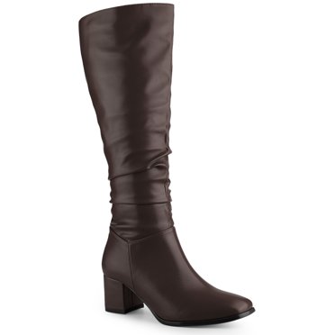 Unique Bargains Slouchy Square Toe Chunky Heel Knee High Boots for Women Coffee (Size 9)