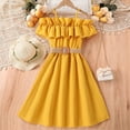 thumbnail image 2 of PMVFHDE Toddler Girls Sleeveless Summer Dress Strapless Solid Color Princess Dress with Ruffle Trim Off-Shoulder Boat Neck with Belt,Yellow,9-10 Years, 2 of 4