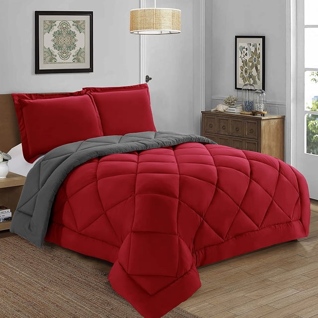 Reversible 3-Piece Comforter Set with Matching Shams, Two Colors in One for Ultimate Versatility and Style, King/California King, Red/Gray