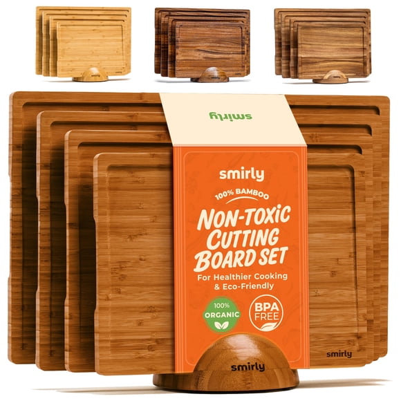 SMIRLY Bamboo Cutting Boards, Brown Bamboo Wood Cutting Board for Kitchen, Set of 4 with Holder & Deep Juice Groove, Butcher Bloc