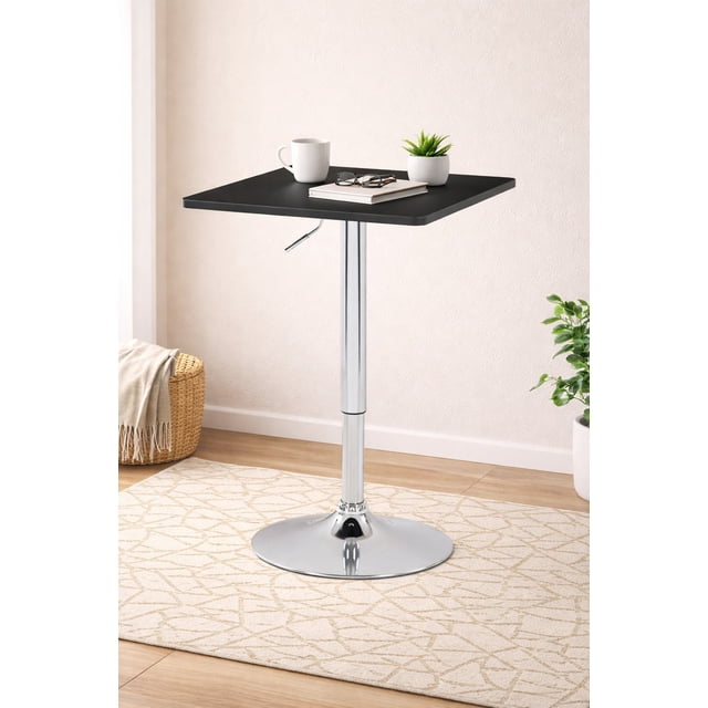 CorLiving Maya Square Engineered Wood Top Adjustable Height Swivel Bar Table with Metal Pedestal Base, Chrome/Black