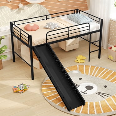 Gymax Twin Metal Loft Bed with Slide Guardrails Built-in Ladder Low Bed Frame Black