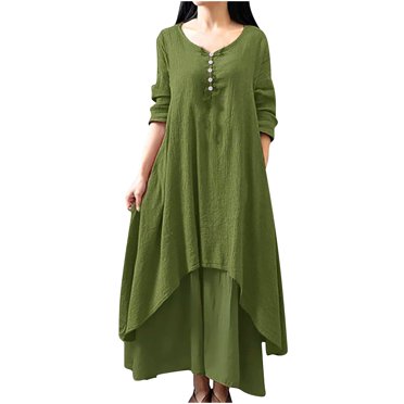 Women Long Sleeve Cotton Linen Maxi Dress Casual Loose Plus Size Solid Color Flowy Layer Long Tunic Dresses for Women