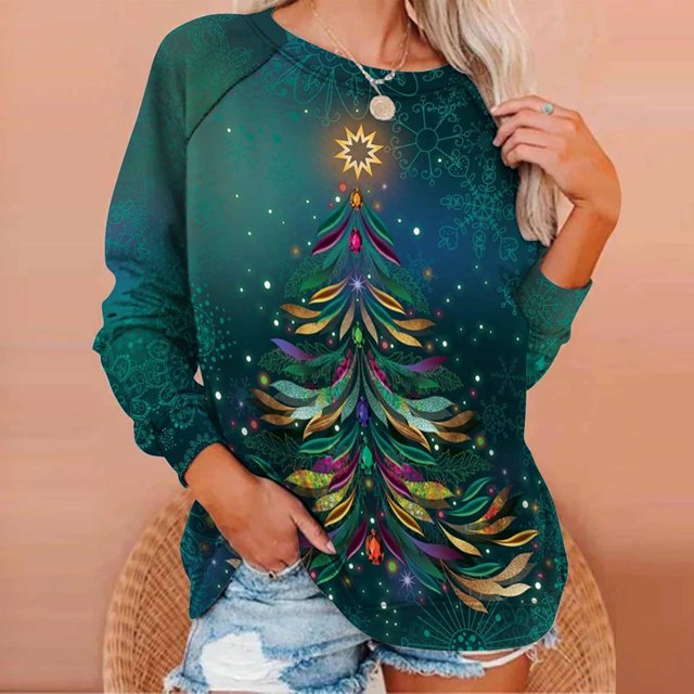 Costumes de Noël en Liquidation Chandail à Col Rond Imprimé de Noël Blouse Ample Chandail en Molleton Sans Capuche Grande Taille pour Femmes