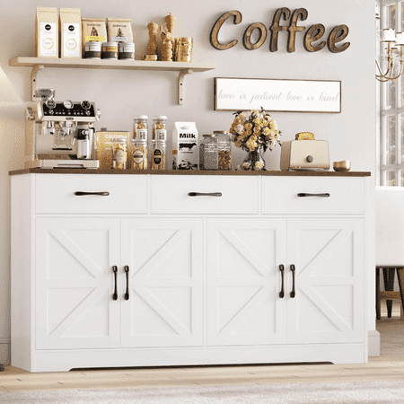 Homfa 59"W Farmhouse Kitchen Sideboard Credenza, Lengthen Storage Cabinet for Dining Room, 4-Doors 3-Drawer Wood Buffet with Adjustable Shelves, White