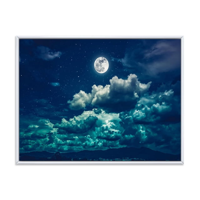 Designart Pleine Lune dans un Ciel Nocturne Nuageux II Cadre Flottant ART Mural Représentant une Pleine Lune Centrée au-Dessus de Nuages Bleus et Sarcelle Superposés sous un Ciel Nocturne Étoilé, Imprimé sur Toile de Coton de Qualité Supérieure avec un Cadre Flottant Blanc, Enveloppé pour Galerie et Prêt à Accrocher.