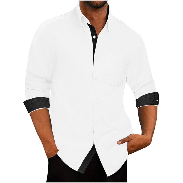 Longues T-shirts à Manches pour Hommes Mode Décontractée Patchwork Col Rabattu Bouton Chemise à Manches Longues Blouse T-Shirts Décontractés pour Hommes