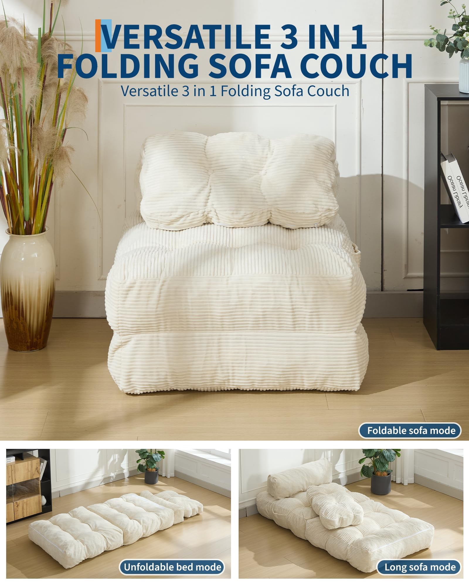 EDTara Single Folding Sofa Bed, 3-in-1 Convertible Lounger with Pillow and Back Support, Portable Floor Sleeper for Bedroom, Living Room, or Guest Room, No Assembly