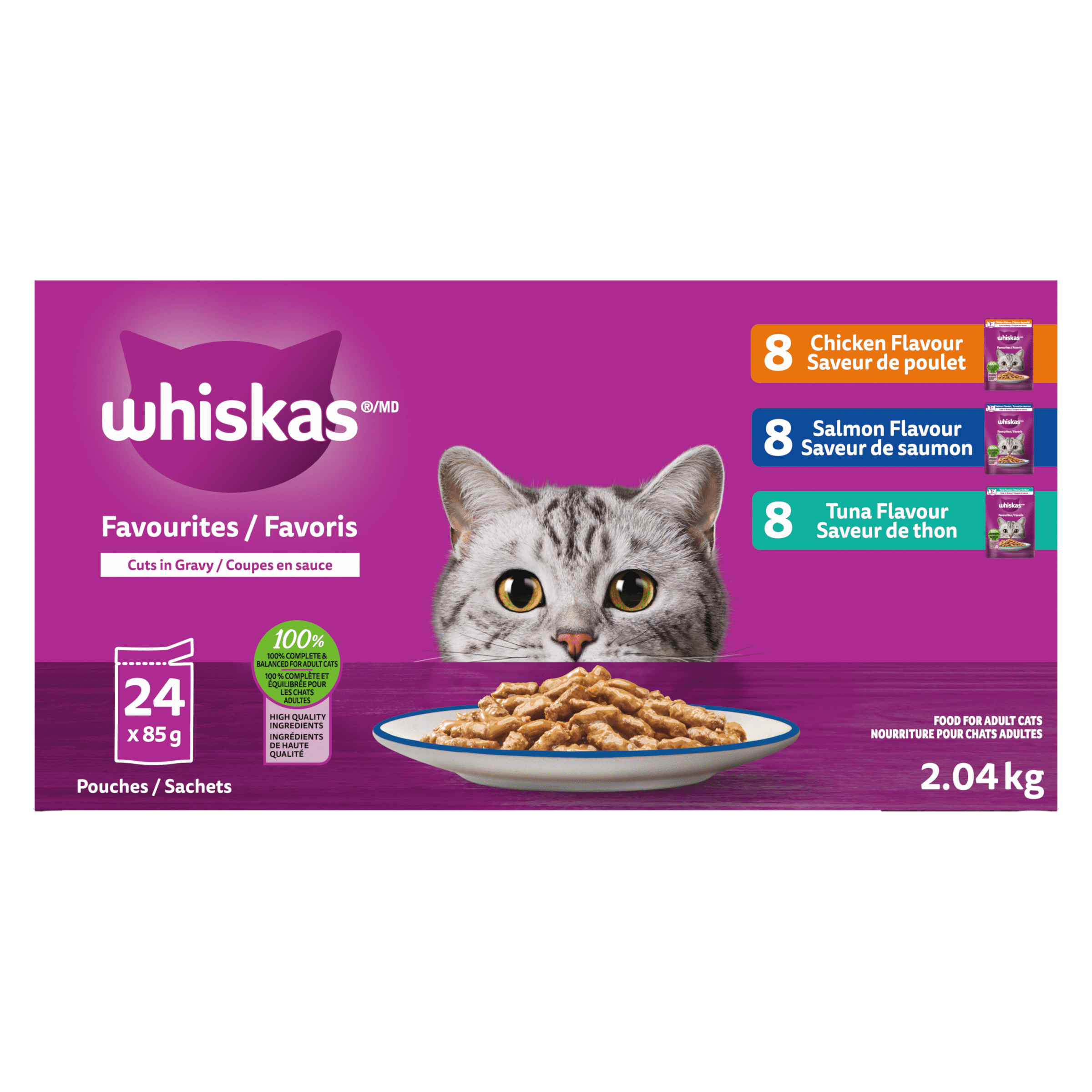 WHISKAS FAVOURITES Adult Wet Cat Food Cuts in Gravy Chicken Flavour, Salmon Flavour, and Tuna Flavour Variety Pack, (24) 85g Pouch