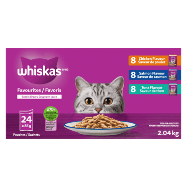 WHISKAS FAVOURITES Adult Wet Cat Food Cuts in Gravy Chicken Flavour, Salmon Flavour, and Tuna Flavour Variety Pack, (24) 85g Pouch