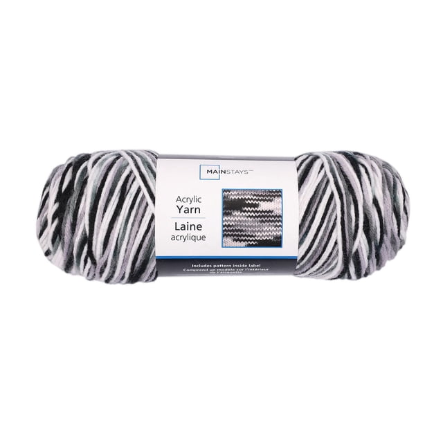 Mainstays Écheveau de Fil Acrylique en Noir, Blanc et Gris Variés, Poids Moyen Fil Peigné 100 % Acrylique avec Étiquette Montrant le Motif de Tricot, Idéal pour le Tricot à la Main et le Crochet, Vêtements et Projets de Déco Maison.