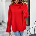 thumbnail image 2 of TIMIFIS Red Womens' Turtleneck Long Sleeve Cable Knit Sweaters Oversized Sweaters Fall Long Sleeve Spilt Hem Tunic Pullover Sweater Knit TopsFall/Winter, 2 of 5