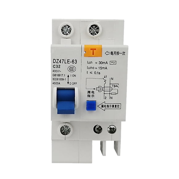 Breaker, Miniature Residual Current Circuit Breaker 1 Pole 30mA 400V Household Electric Leakage Protector DIN Rail Installation DZ47LE-63
