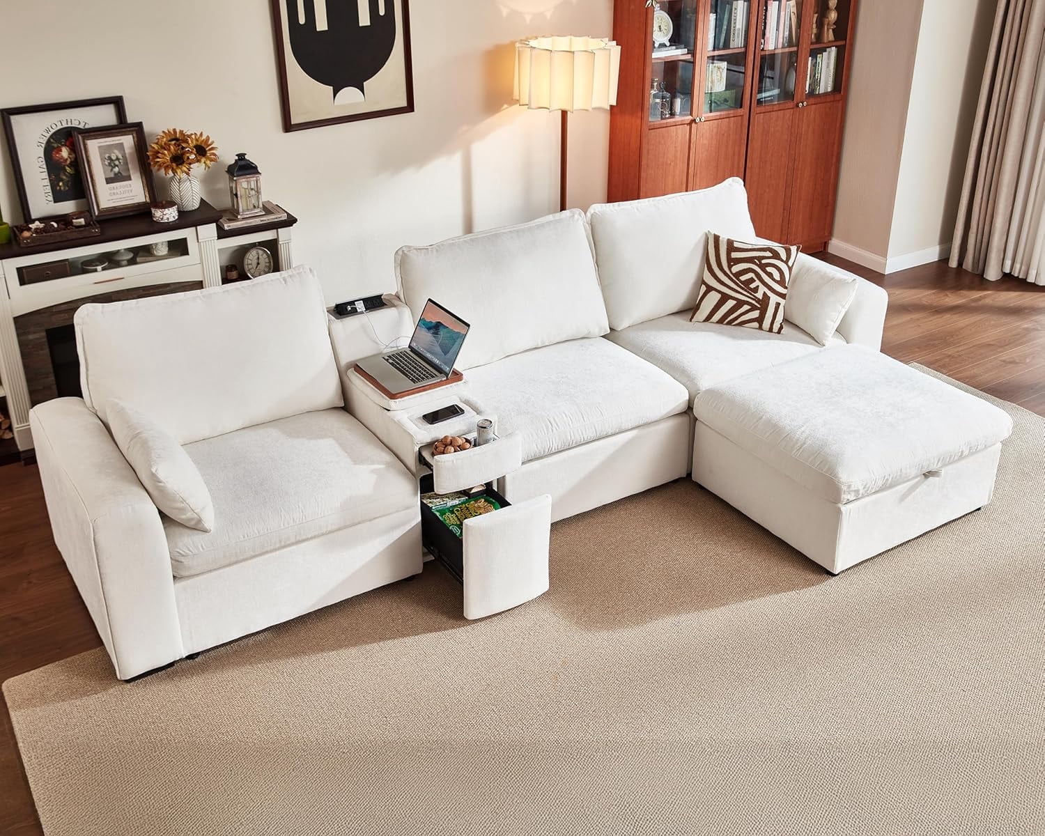 BEDEEP 138.6'' Modular Sectional Sofa with Console Charging Station, L Shaped Chenille Cloud Couch with Storage Ottoman, Convertible 4-Seat Deep Sofa with Chaise for Living Room, White