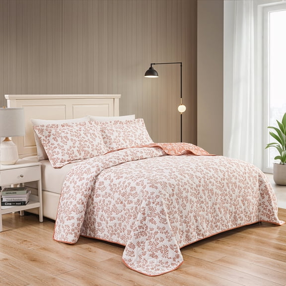 Couvre-lit brodé en jacquard Marina Decoration, couvre-lit ultra doux, parure de lit réversible d'été avec taies d'oreiller matelassées, motif floral rose