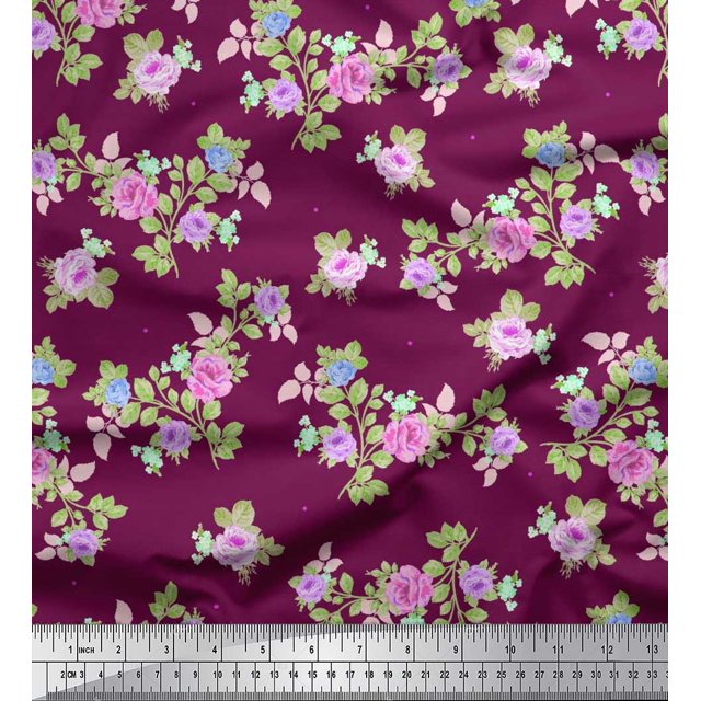 Soimoi Poly Georgette Fabric Leaves, & Rose Floral Decor Fabric Printed Yard 42 Inch Wide